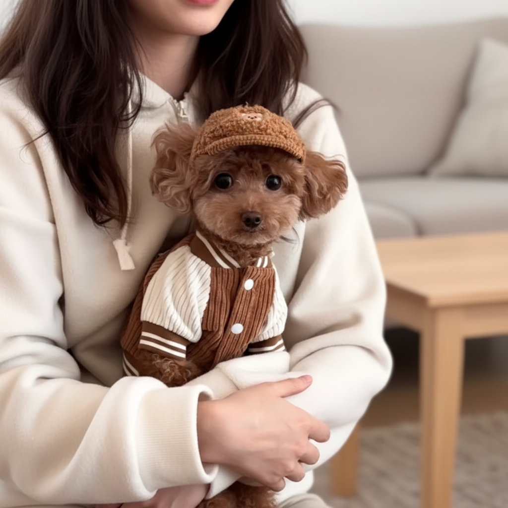 Cute poodle in varsity jacket